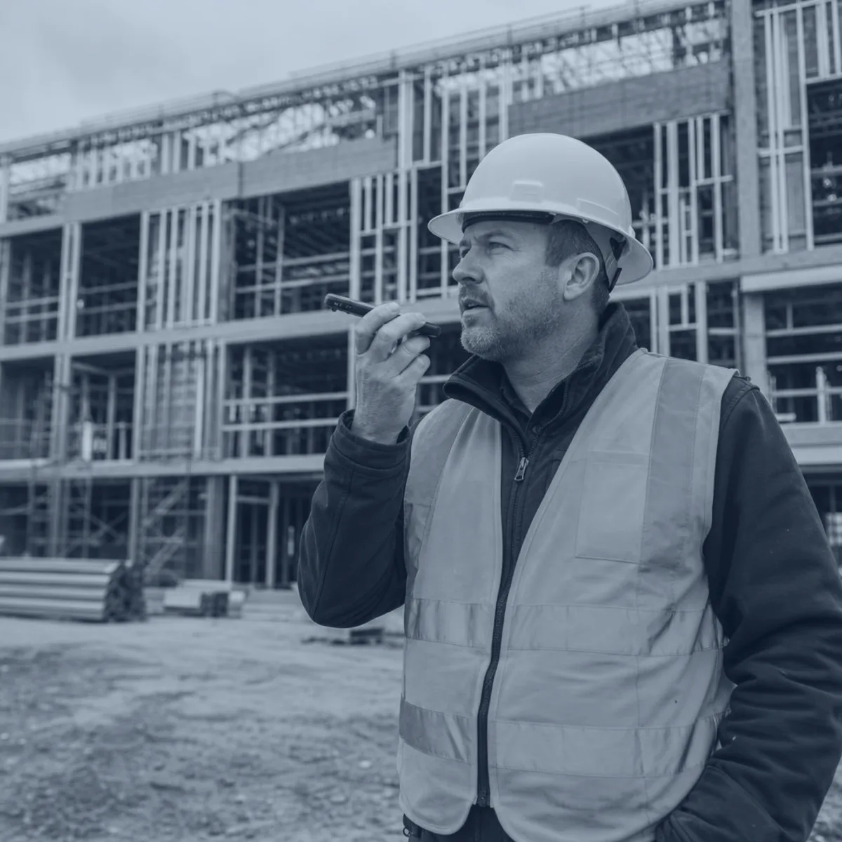 Superintendent speaking into his phone on an active jobsite, building under construction behind him